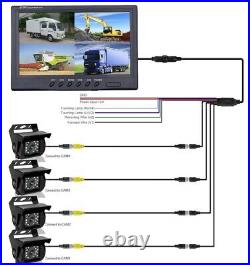 9 Quad Split Screen Monitor Truck Trailer Rv 4x Backup Reversing Cameras 12-36v